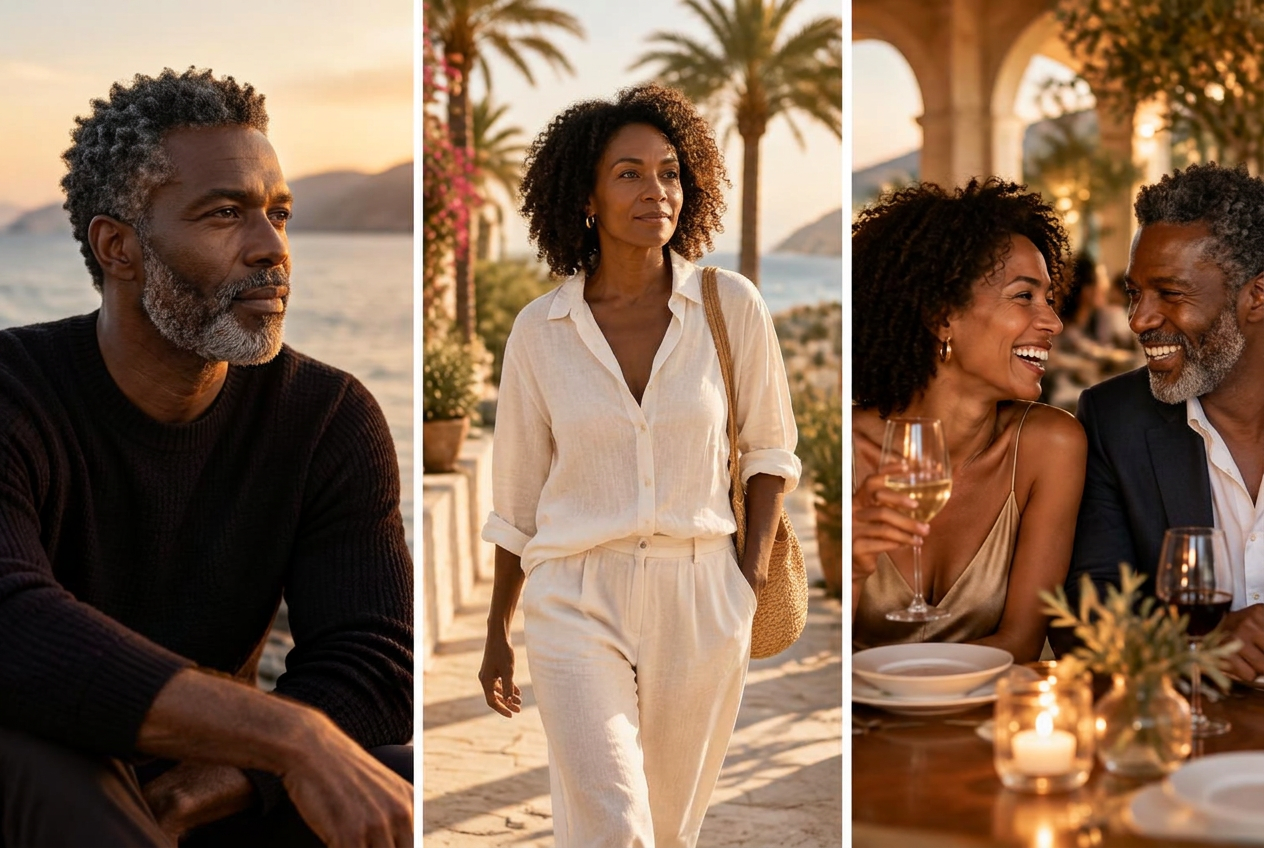 Different journeys: a man by the water, a woman exploring, and a couple sharing a moment